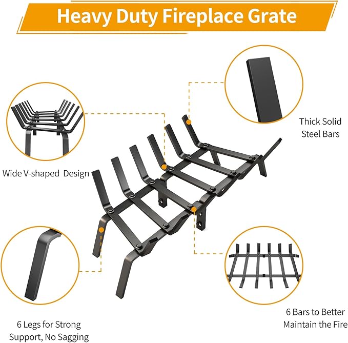 Fireplace Grate, 24 inch Solid Fireplace Log Holder, Heavy Duty Cast Iron Firewood Log Burning Rack Fire Grates for Inside Fireplace Accessories