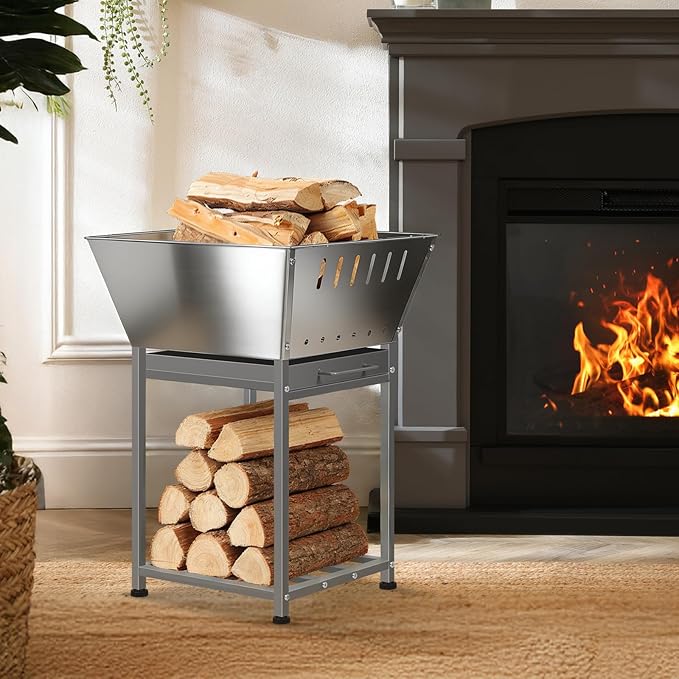 Stainless Steel Inch Square Wood Fire Pit with Grill, 2-in-1 Outdoor Firepit with Ash Pan and Wood Storage, Portable for Backyard, Patio, Camping Use