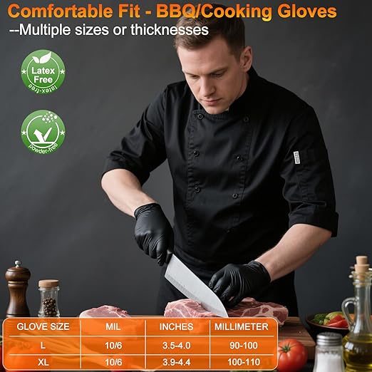 BBQ Gloves for Cooking Baking Grilling, 100 Count Disposable Nitrile Gloves and 4 Count Cotton Glove Liners Washable (6mil Nitrile, Large)