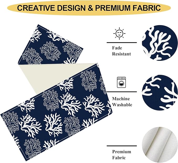 Coastal Table Runner, Summer Seasonal Beach Navy Blue Coral Nautical Tropical Ocean Marine Farmhouse Rustic Table Center Decor for Home Kitchen Dining Patio Indoor Outdoor Decorations, 13"x90" Inch
