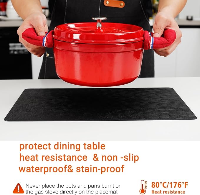 Vinyl Placemats Set of 4 Heat Resistant Easy Clean Non-Slip Place Mats for Dining Table. Faux Leather Waterproof Stain Resistant Wipeable Washable PU Table Mats(4, Black)
