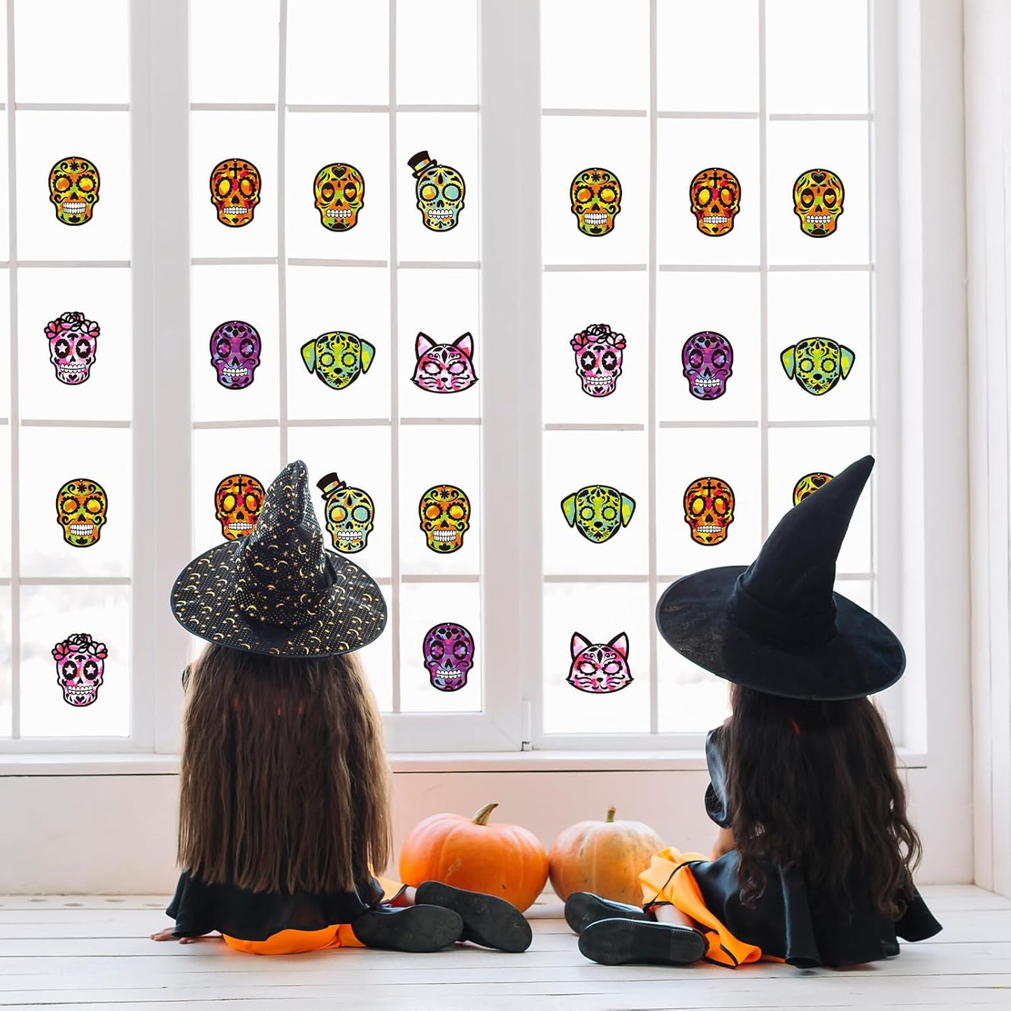 Renbuzhu 36PCS Dia De Los Muertos Crafts Bulk: Sugar Skull Paper Suncatchers DIY Kit for Day of The Dead Halloween Party Activities Decorations, Window Stained Glass Effect Art Supplies