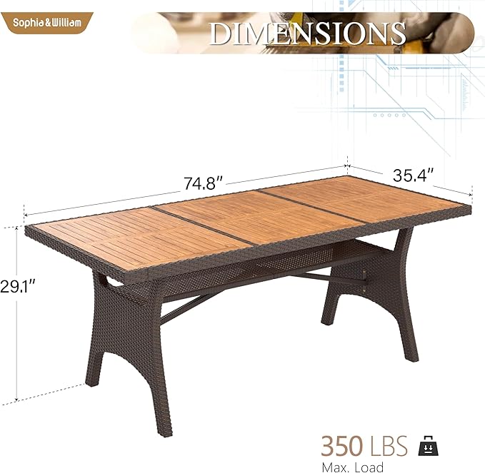 Sophia & William 74 inch Outdoor Dining Table, Acacia Wood & Wicker Patio Dining Table for 6-8 Person, Metal Legs & Adjustable Foot Pads, Large Rectangular Table for Garden, Porch, Backyard