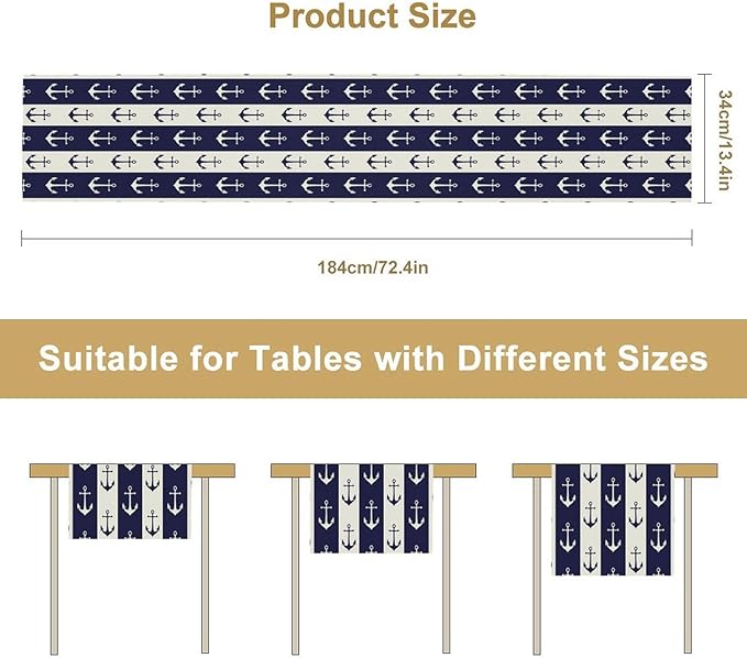 Nautical Anchor Table Runner, Ocean Beach Coastal Beach Stripe Background Theme Table Runner for Dining Kitchen Party Holidays Home 13x90in