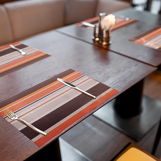 Set of 6 Colorful Striped Vinyl Placemats Heat-Resistant Washable Placemats Non-Slip Woven Table Mats Wipeable Placemat for Kitchen Dining Table Decoration Indoor Outdoor (Autumn Red)