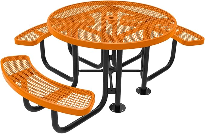 COATEDOUTDOORFURNITURE Heavy-Duty Portable Outdoor Picnic Table with Umbrella Hole, Expanded Metal Patio Dining Furniture Made in America (46" Round Top, Orange)