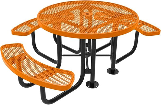 COATEDOUTDOORFURNITURE Heavy-Duty Portable Outdoor Picnic Table with Umbrella Hole, Expanded Metal Patio Dining Furniture Made in America (46" Round Top, Orange)