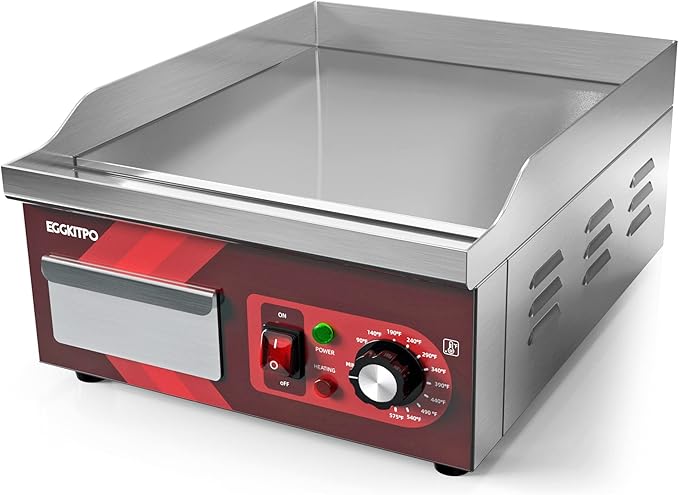EGGKITPO 14 Inch Electric Griddle, Non-Stick Flat Top Grill Commercial Electric Countertop Griddles Stainless Steel Adjustable Temperature Control 90℉-575℉ for Home or Restaurant Use