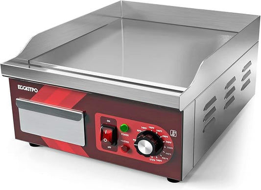 EGGKITPO 14 Inch Electric Griddle, Non-Stick Flat Top Grill Commercial Electric Countertop Griddles Stainless Steel Adjustable Temperature Control 90℉-575℉ for Home or Restaurant Use