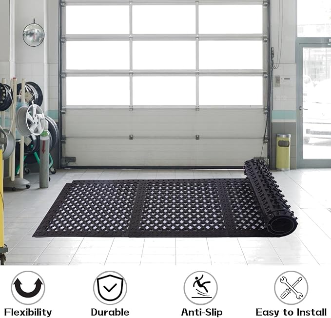 Anti-Fatigue Rubber Floor Mat, 8-Pack Interlocking Anti-Slip Tiles – Assembled Size 84"x42" (Each 21"x21") for Workplace, Home, Indoor & Outdoor Use