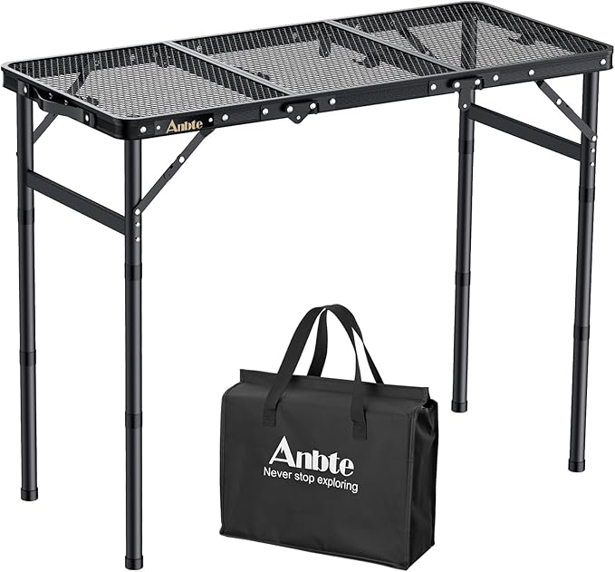 Anbte Folding Grill Table, 3ft Tri-Fold Aluminum Folding Table Adjustable Height Max 27.5" Grill Table with Mesh Desktop, Lightweight, Portable Handle for Outdoor Cooking BBQ Picnic (Black)
