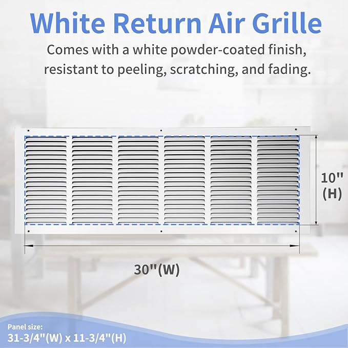 30"W x 10"H [Duct Opening Size] Steel Return Air Grille, Air Return Vent Cover for Ceiling and Sidewall - HVAC Air Vent Covers - [Outer Dimensions: 31.75"W x 11.75"H]