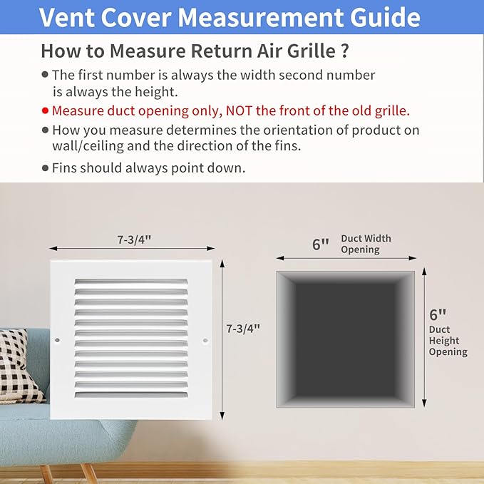 6"W x 6"H [Duct Opening Size] Steel Return Air Grille, Air Return Vent Cover for Ceiling and Sidewall - HVAC Air Vent Covers - [Outer Dimensions: 7.75"W x 7.75"H]