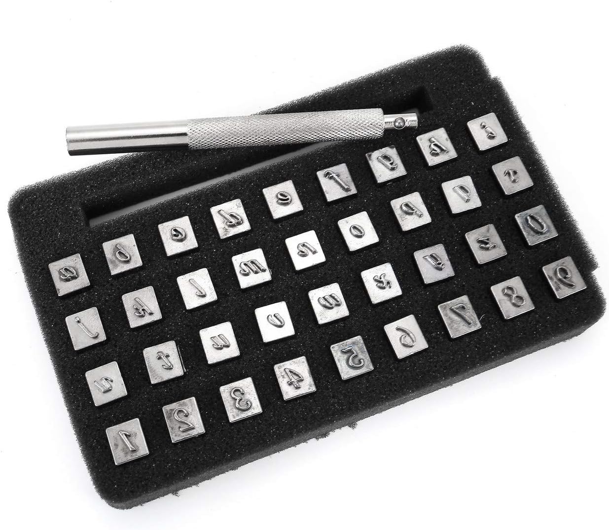 Yoption 37 Pieces Leathercarft Stamping Tool Set, 26 Letters Alphabet & 10 Numbers Stamps Steel Punch Tool 3mm+1 Stamping Handle for Leather Craft