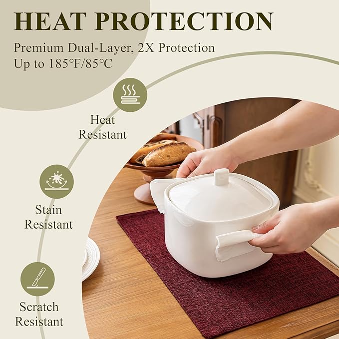 KXN Placemats Set of 4, Dual-Layer Thickened Faux Linen Table Mats, Heat Resistant & Wrinkle-Free, Machine Washable Cloth Place Mats for Kitchen Dining Indoor Outdoor (Red)