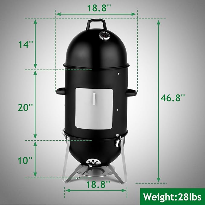 4-Tier 3-in-1 Vertical Charcoal Grill, BBQ Charcoal Smoker with Built-in Thermometer, Air Vent, and Access Doors, Perfect for Camping, Picnics, Backyard BBQs, and Tailgating Parties