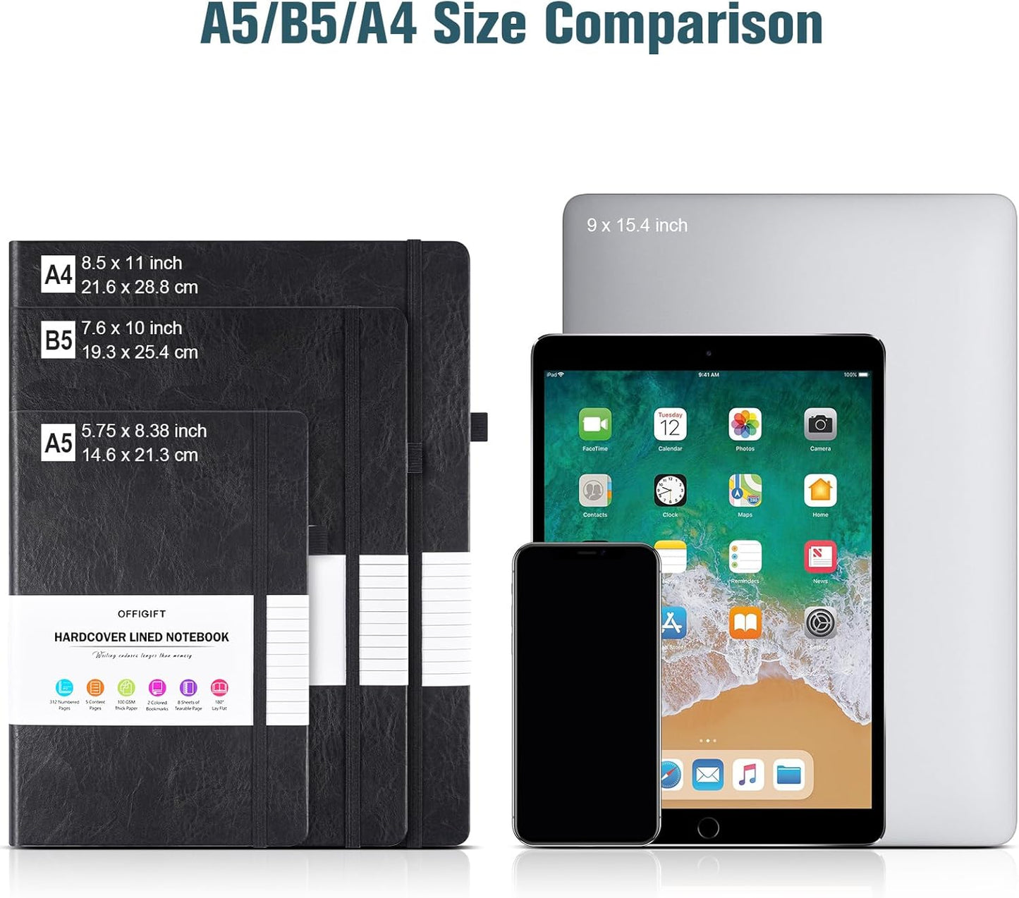 Lined Journal Notebook, Large A5 College Ruled Notebook, 312 Numbered Pages Work Notebook with Index Stickers, 100gsm Paper, Hardcover Vegan Leather Journal for Women Men School Office, Grey Blue