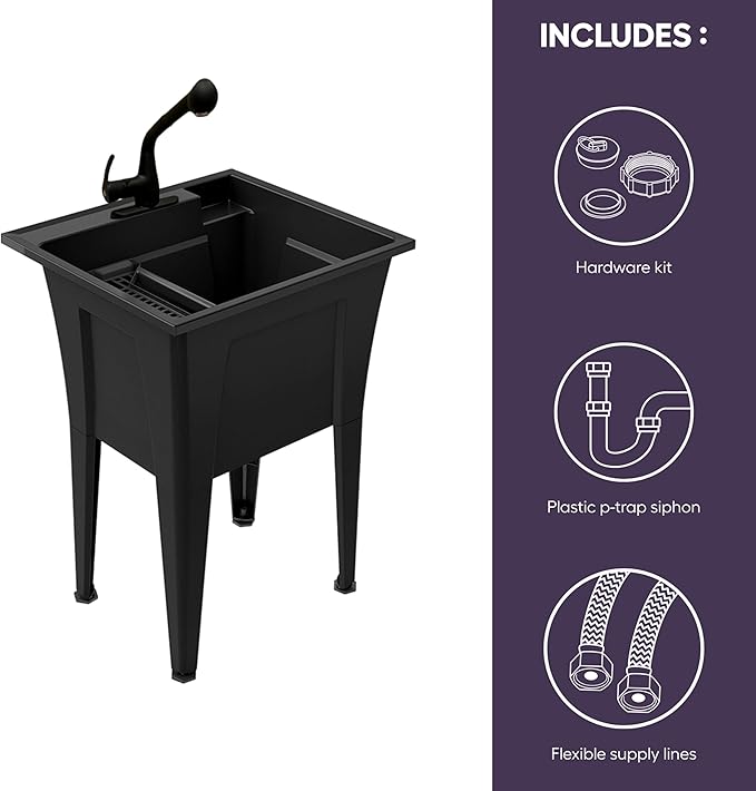 Freestanding Utility Sink with One Handle Black Faucet - 24" Plastic Utility Sink for Garage, Laundry, Indoor and Oudoor Use - Laundry Tub Kit by Noah William Home - Black (19.5 gal)