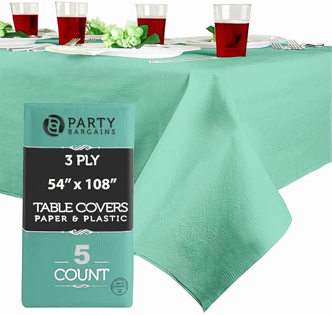 PARTY BARGAINS 54" X 108" Paper & Plastic Table Covers, Mint Green, 5 Pack