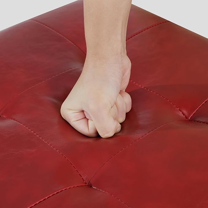 Homebeez Storage Ottoman Footrest Stool with Rolling Wheels, Red PU Leather Tufted Cube with Hinged Lid, 17.7" Multifunctional Furniture for Living Room, 300lb Capacity