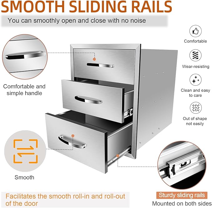 Outdoor Kitchen Drawers, Box Frame Style Flush Mount BBQ Drawer w/Stainless Steel Handle, BBQ Island Drawers For Patio Grill Station,Three Drawers