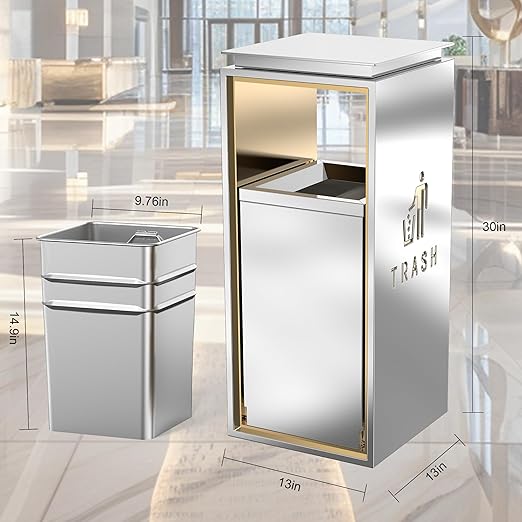 Commercial Trash Can - 42L Heavy Duty Stainless Steel Garbage Bin with Lid & Liner, Fingerprint-Resistant Indoor Outdoor Waste Container for Restaurant,Hotel,Shopping mall,13"x13"x30"