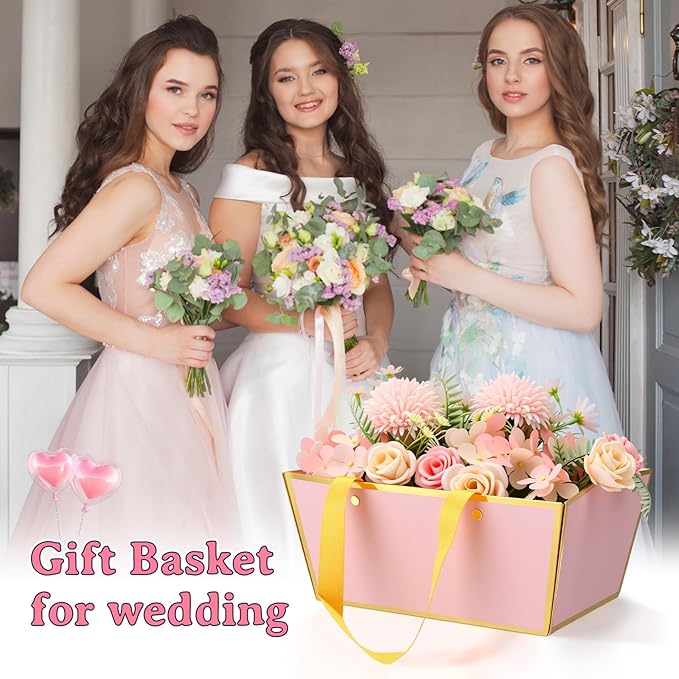 Tuanse 30 Pcs Basket for Gift Empty DIY Bulk Gift Basket Kit with Handle Kraft Cardboard Tray with 30 Bag 30 Bow Market Tray for Wedding Party(Pink,9.8 x 6.7 x 4.3 in)