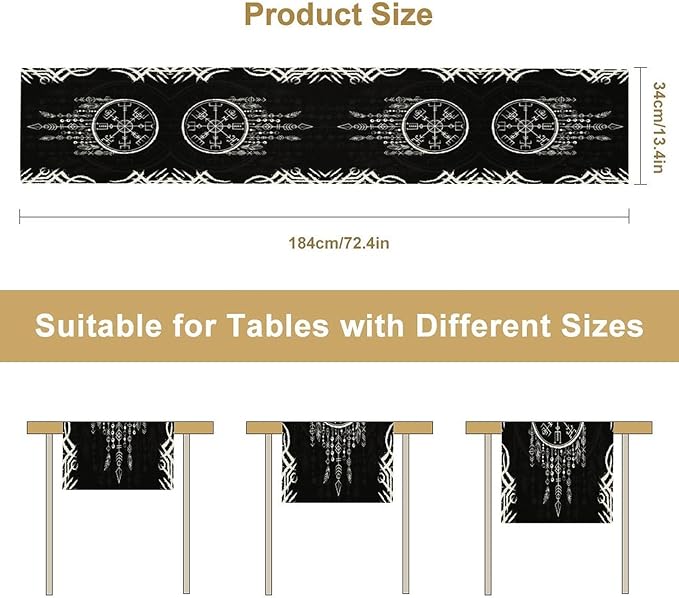 Viking Table Runner, Nordic Ancient Mythical Runes Print Table Runner for Home Dining Kitchen Coffee Table Party 13x120in