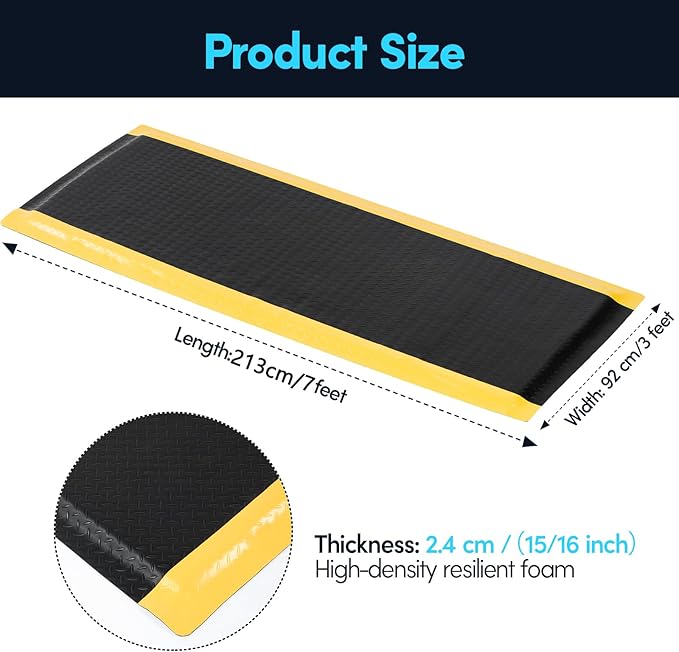 3 x 7 FT Anti Fatigue Mats Industrial 15/16 Inch Thick Soft Sponge Ergonomic Mat Durable Heavy Duty Diamond Plate Work Mat for Standing Non Slip Industrial Grade Floor Mat for Leg & Back Pain