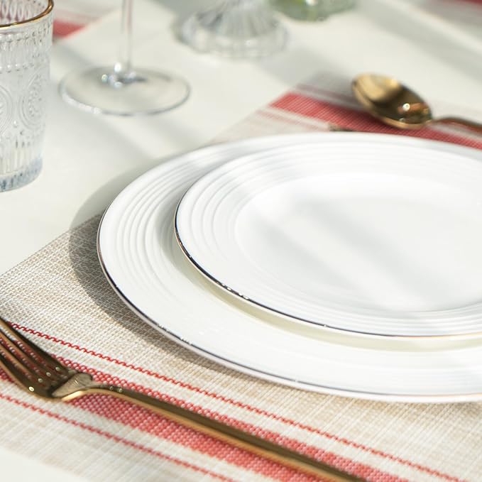 Placemats Set of 12 Vinyl/Plastic Woven Place Mats for Kitchen Table Indoor/Outdoor Washable Placemat Wipeable Dining Table Mats (Khaki Red,12)