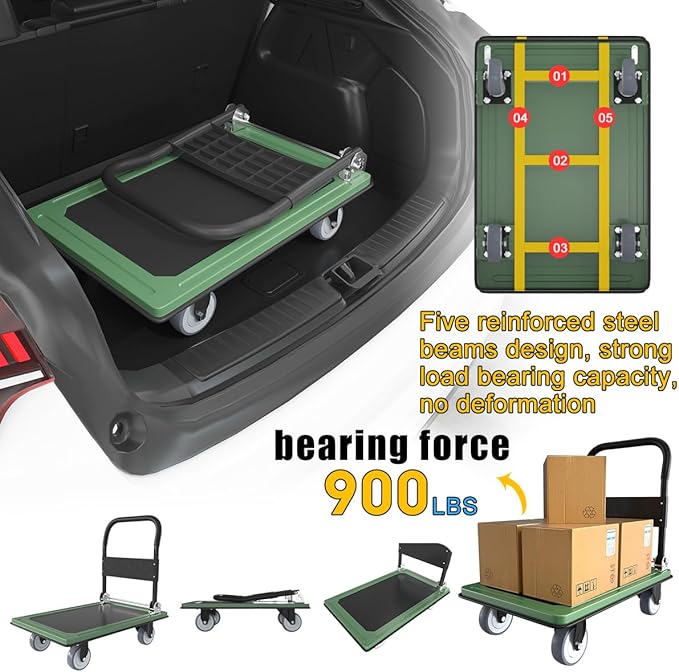 WUD Push Cart, Folding Mobile Platform Trolley,Thickened and Reinforced, 360° Swivel Wheels,30.3 “L x 19.7 ”W, 900 lb. Green Dolly cart with Wheels
