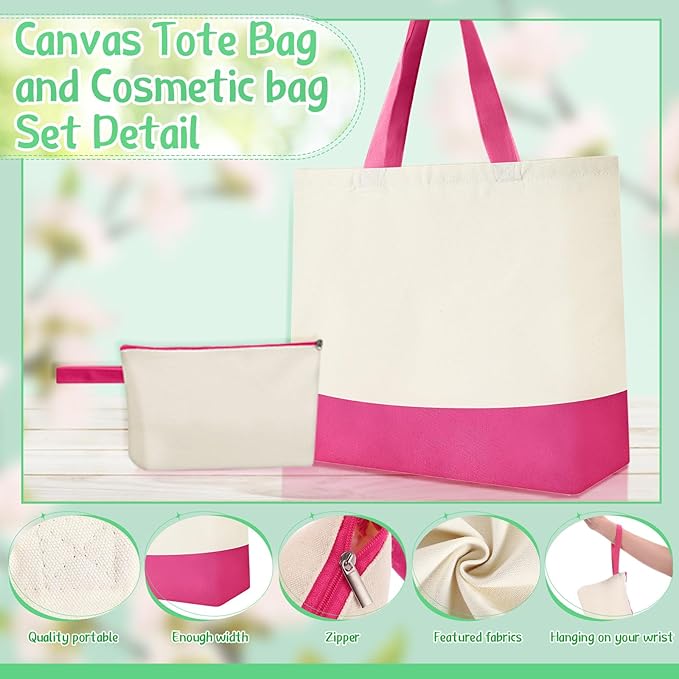 Sanwuta 24 Pcs Canvas Tote Bags Bulk with Zipper Cosmetic Bags 18.5" Cotton Canvas Bag with Handles Reusable Shopping Bags