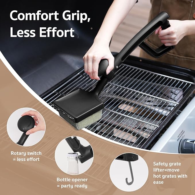 GASPRO Steam Grill Brush Bristle Free for Outdoor Grill, BBQ Cleaning Brush Set with 2 Replacement Heads, Heat-Activated Sponge & Scraper, Ergonomic Handle, Safe for Most Grates, Black