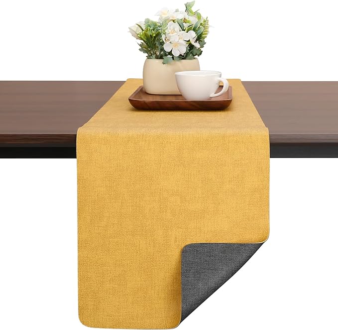 Table Runners 55 Inches Long, Dual-Sided Faux Leather Farmhouse Table Runner Waterproof Heatproof Non-Slip for Living Room Party Home Decor Holiday Decorations(Gray Yellow, 12 x 55 Inch)