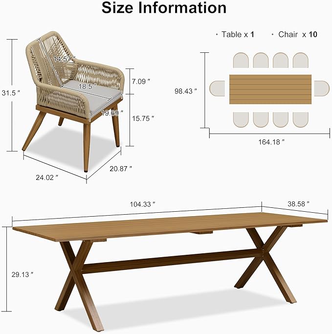 PURPLE LEAF 11 Pieces Outdoor Dining Set All-Weather PE Rattan Outdoor Patio Furniture Set with All Aluminum Frame Rectangular Table and Chairs Set for Lawn Garden Backyard Deck, Teak