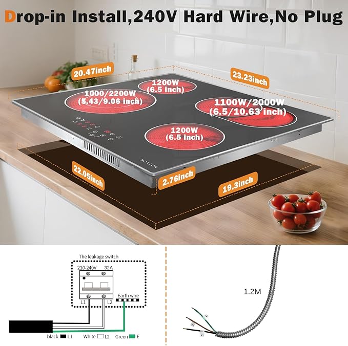 Noxton 24 Inch Electric Cooktop, 4 Burners Ceramic Glass Stove Top with Dual and Oval Expandable Zones, Stainless Steel Frame, Timer, Child Lock, 240V Hardwired