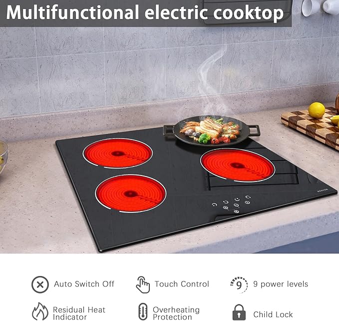 Noxton 24 Inch Electric Cooktop 4 Burners Electric Stove, Built-in Ceramic Cooktop with Touch Control Child Lock Timer Easy To Clean with Hard Wire 6000W 240V