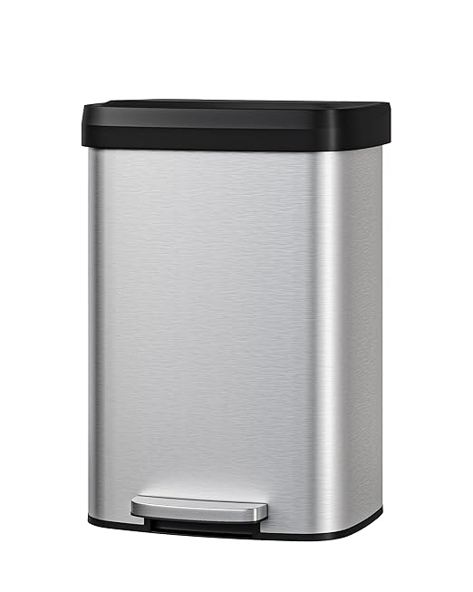 Garvee 13 gal / 50 L Stainless Steel Trash Can with Lid, Large Garbage Can for Kitchen, Rustproof Step-on Kitchen Metal Trash Bin with Liner Rim, Rear Handle, Soft Close Plastic Lid, Silver