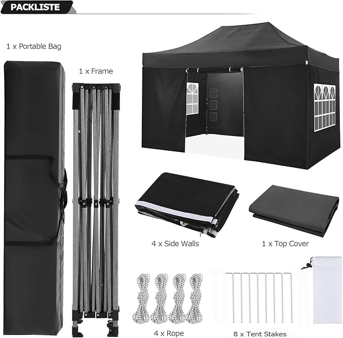 COBIZI 10x15 Pop up Canopy Tent 10x15 Canopy with 4 Sidewalls Waterproof Heavy Duty Commercial Tent for Parties Outdoor Garden Gazebo, Carry Bag(10x15ft, Black)