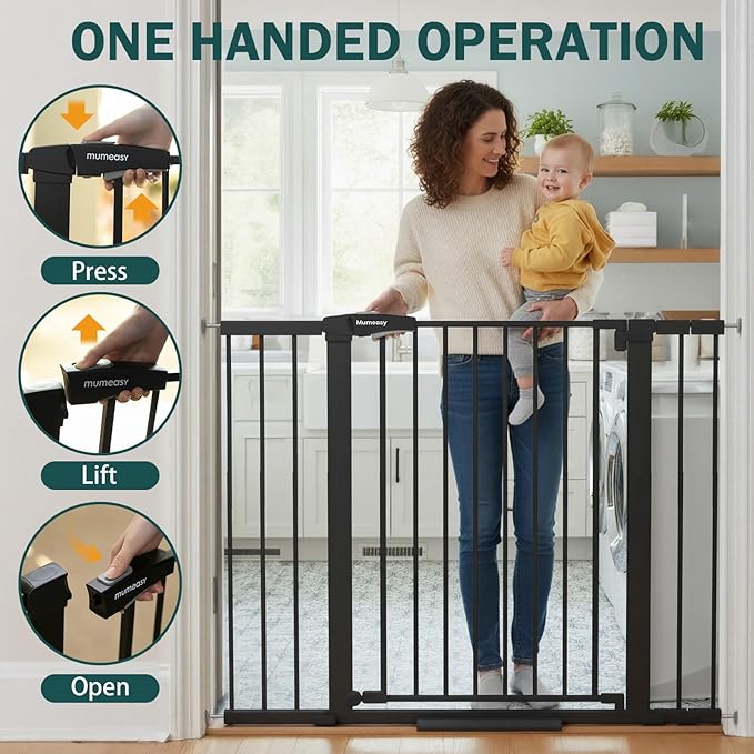 Mumeasy 36" Extra Tall Dog Gate, Auto Close Baby Gate for Stairs Doorways, 29.7-46" Wide Walk Thru Child Safety Gate for House, Easy Install Pressure Mounted Metal Pet Gate with Door, Black