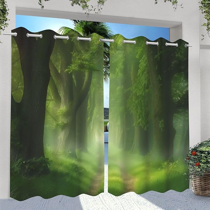 Forest Theme Outdoor Curtains for Patio Waterproof,Dawn Trees Jungle Pattern,Privacy Curtains for Porch Pergola Arbor Lanai Pool House Outside Deck,Set of 2 Panels,W54 x L108,Green