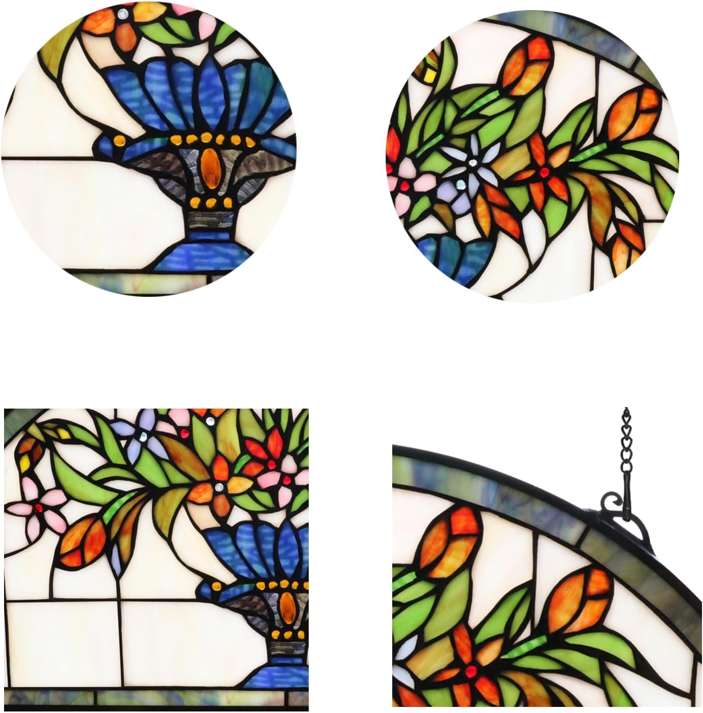 24 inch Flower Stained Glass Window Hanging Half Moon Shade,100% Real Stained Glass Panelfor Home Decor(YLK005)