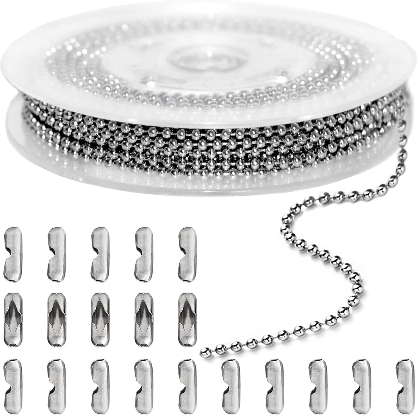 Jishi 33ft Stainless Steel Ball Chain 2mm Bead Dog Tag Chain Beaded Necklace Chains for Jewelry Making Bracelet Military Crafts, Silver Metal Pull Chain Small Ball Bead Chain Roll w/20 Connectors