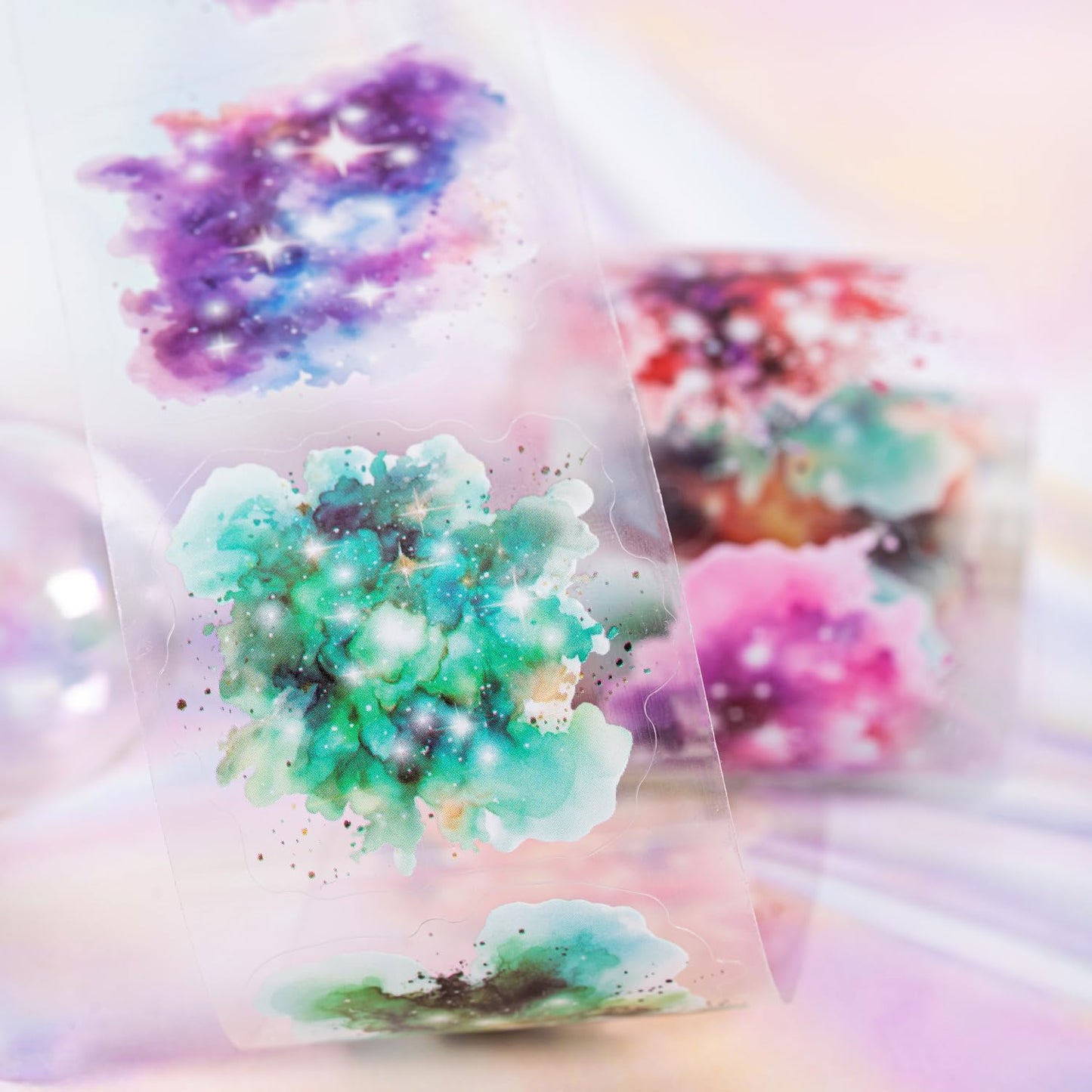 6Pcs Pre-Cut Colorful Galaxy PET Tapes, Watercolor Tapes for Journaling, Scrapbook Supplies, and Junk Journal Ephemera, with Decorative Clip