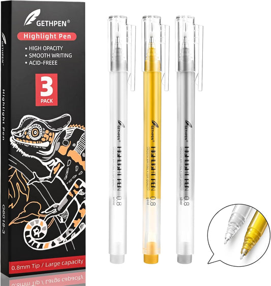 0.8mm Extra Fine Point 3 Colors Gel Pen Set White,Gold and Silver Gel Ink Pens for Artists Drawing on Black Paper, Sketching, Bullet Journaling & Holiday Crafts