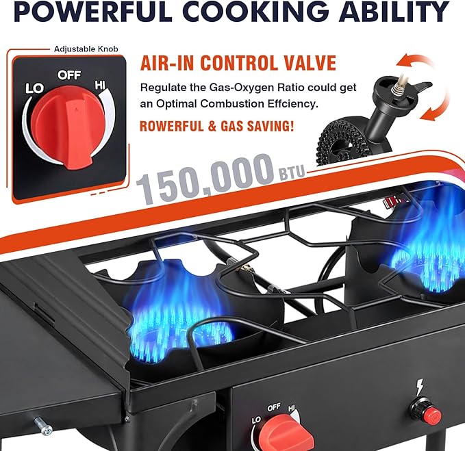 Llamaviva 2 Burner Gas Stove, Propane Outdoor Stove with Side Shelves, Removable Legs & Regulator, 150,000 BTU Propane Burners for Outdoor Cooking, Camping & BBQ Cookouts
