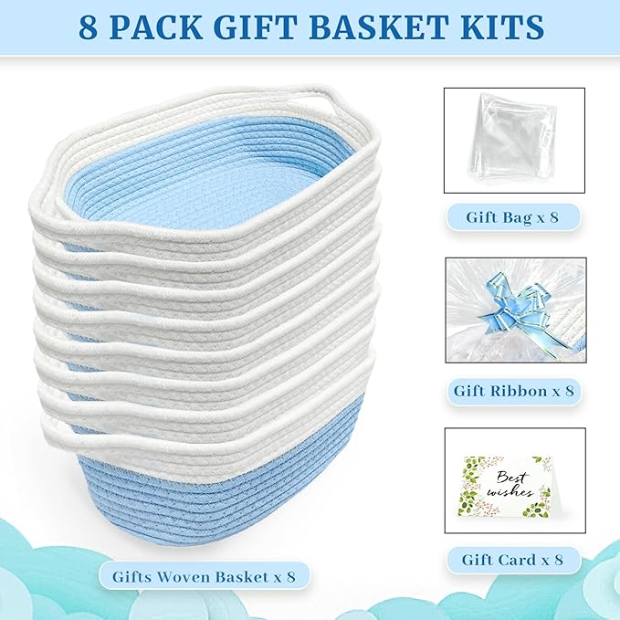 Succwoah 8 Pack Small Woven Baskets with Gift Bags & Ribbons & Cards, Cotton Rope Nursery Storage with Handles, 12"x8"x5", Empty Gift Baskets for Baby Shower, Christmas, Thanksgiving, Organizer (Blue)