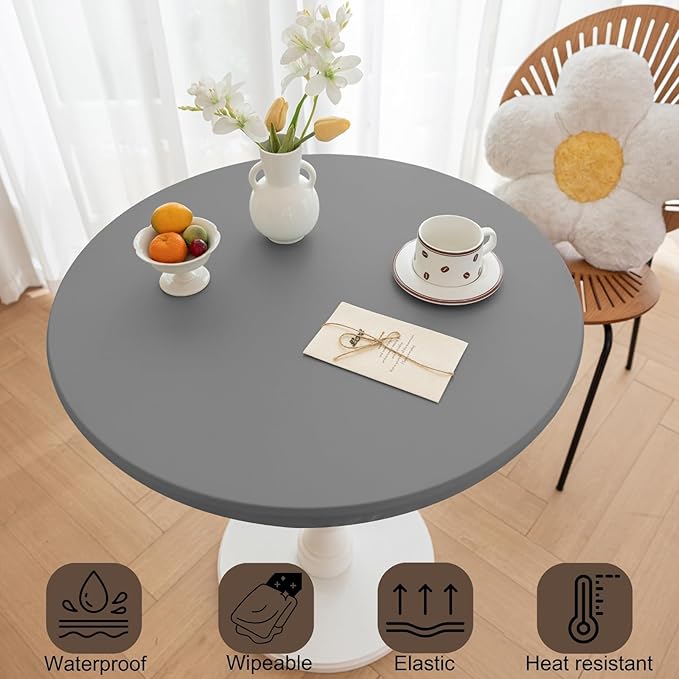 Round Fitted PU Tablecloth with High Elastic Edge 39 Inch Dia Waterproof Oil Proof Table Cloth Anti-Scald Stain-Resistant Wipeable Table Cover for Indoor Outdoor Picnic (Light Grey,39" Dia)
