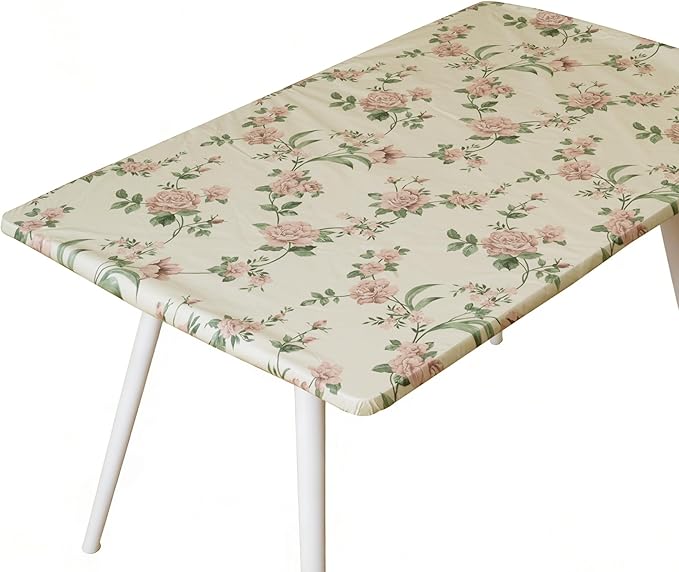 Rectangle Picnic Table Cloth, Elastic Waterproof Fitted Vinyl Tablecloths for 8 Foot Tables, Wipeable Flannel Backed Table Covers for Dining, Camping, Outdoor(Rose,30"x96")