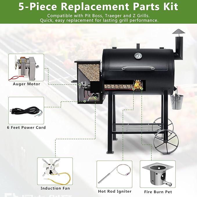Wood Pellet Grill Parts Replacement for Traeger & Pit Boss, Auger Motor, Grill Induction Fan Kit, Fire Burn Pot, Hot Rod Ignitor with Fuse